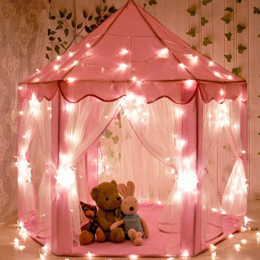 Kids Play Tent Pink Princess Castle With LED Star Lights 3 Bros Brands 192 Play Tent