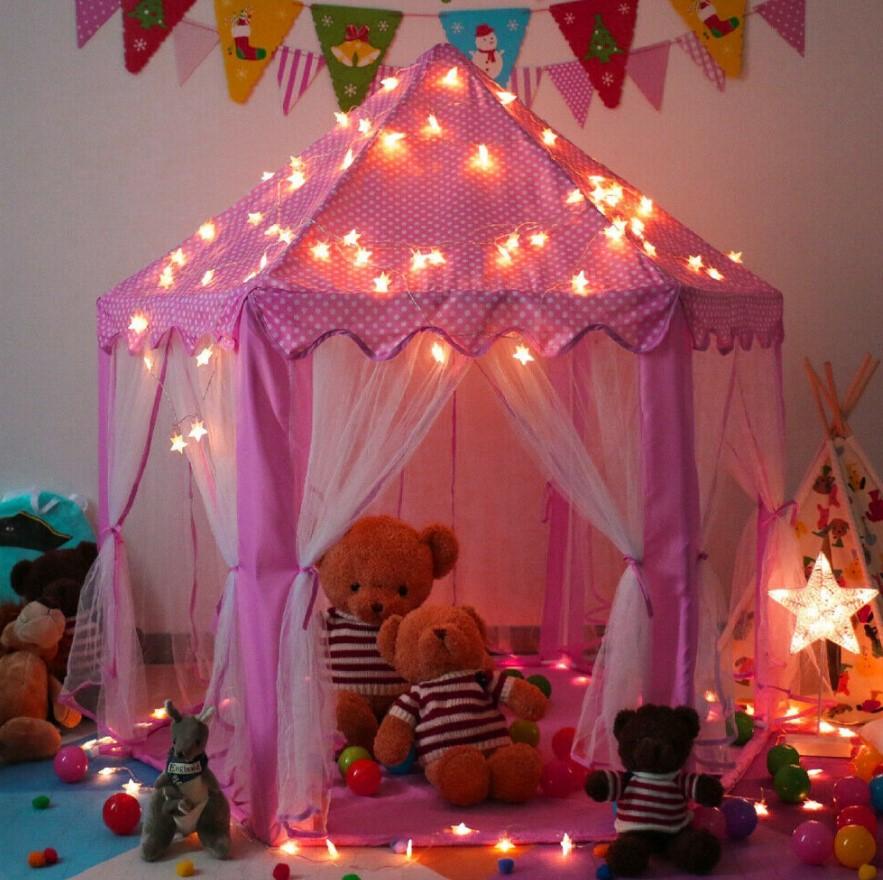 Kids Play Tent Pink Princess Castle With LED Star Lights 3 Bros Brands 192 Play Tent