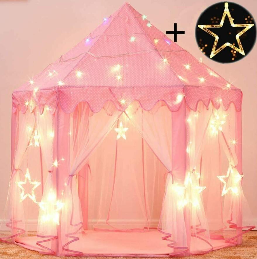 Kids Play Tent Pink Princess Castle With LED Star Lights 3 Bros Brands 192 Play Tent
