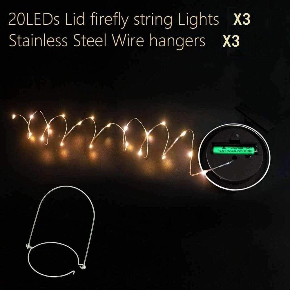 LED Light Mason Jar Lid Insert LED Solar Light 3 Pack for Glass Jars and 3 Hangers 3 Bros Brands Solar Lights